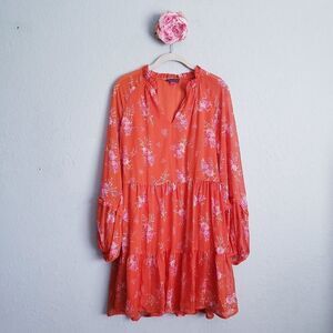 Vince Camuto Orange Red Long Sleeve Tiered Floral Dress
